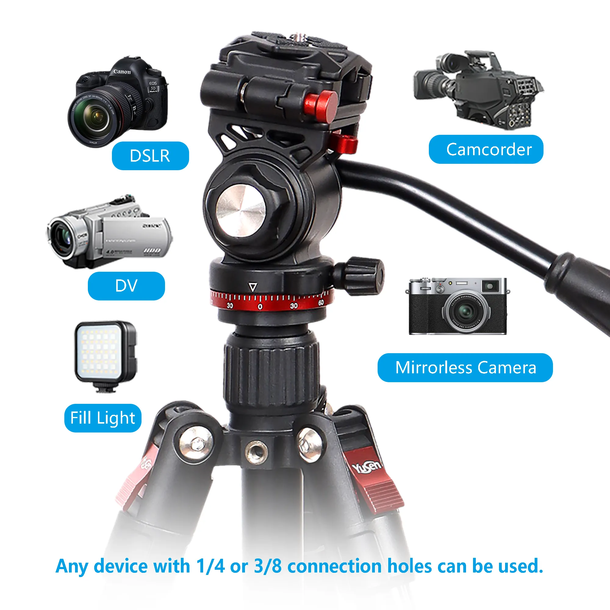 用于数码单反相机的专业便携式铝制三脚架，带液压阻尼头快拆板伸缩手柄