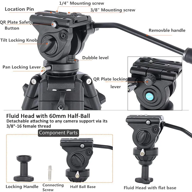 带流体头的视频三脚架，带光滑摩擦阻尼的金属相机三脚架