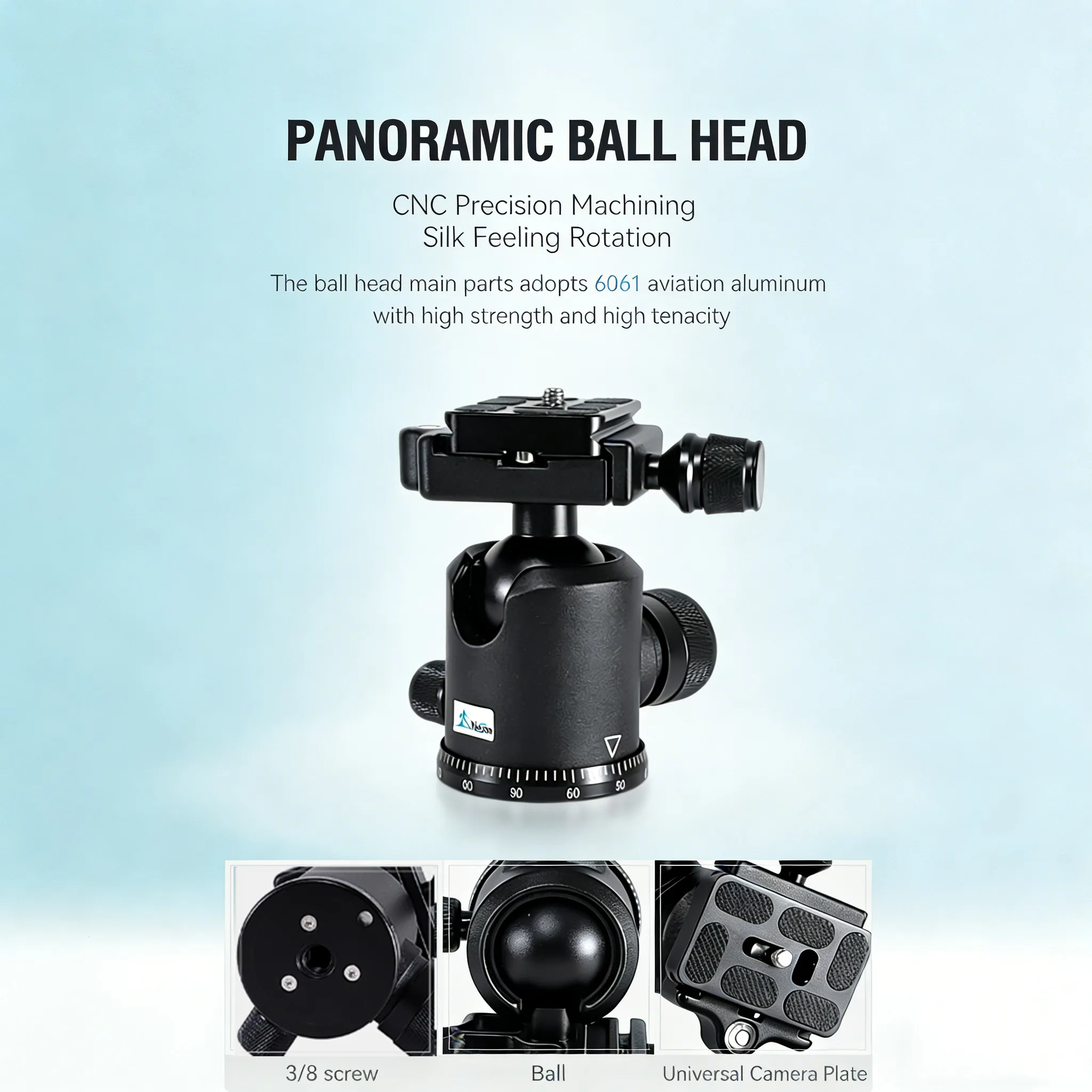 36mm铝合金三脚架球头360度旋转全景，带1/4英寸快速释放板气泡水平仪，适用于相机