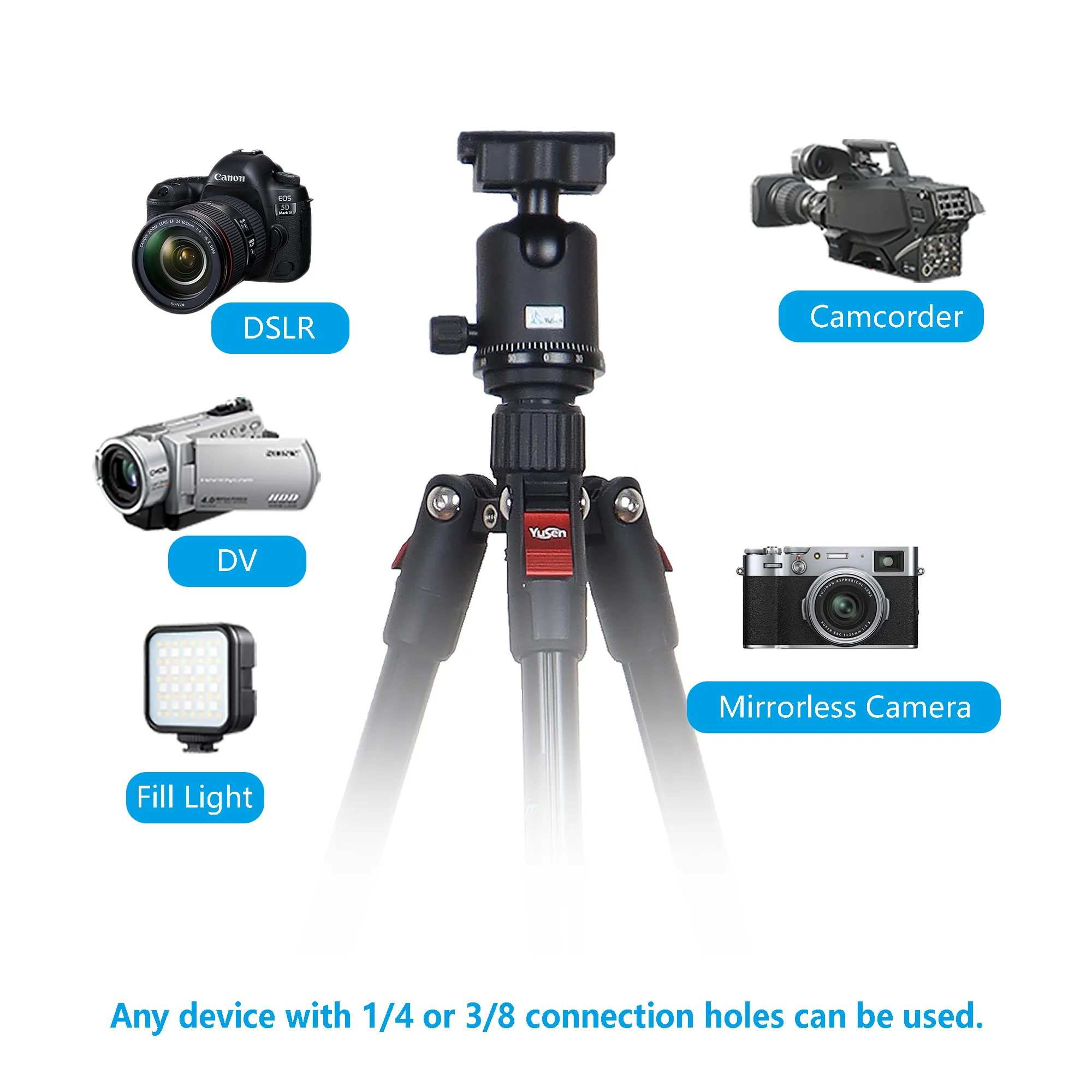 铝制三脚架，带360°球头最大负载为8公斤可调节高度旅行三脚架，适用于DSLR/SLR相机手机