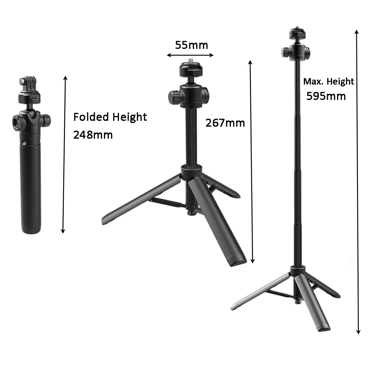 One-Click Opening Vlogging Tripod Height Adjustable 360 Rotation Ball Head Universal 1/4" Screw & GoPro Mount for Action Cameras, Phones & DSLRs