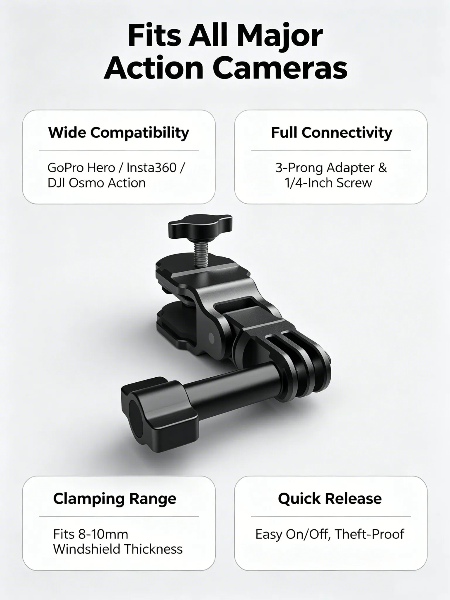 Motorcycle Windshield Clamp Mount for Action Cameras, CNC Aluminum Alloy Windscreen Clip with 360° Rotation & 180° Adjustment, Anti-Slip Silicone Pads, Quick Release, Compatible with GoPro, Insta360 & DJI Osmo Action