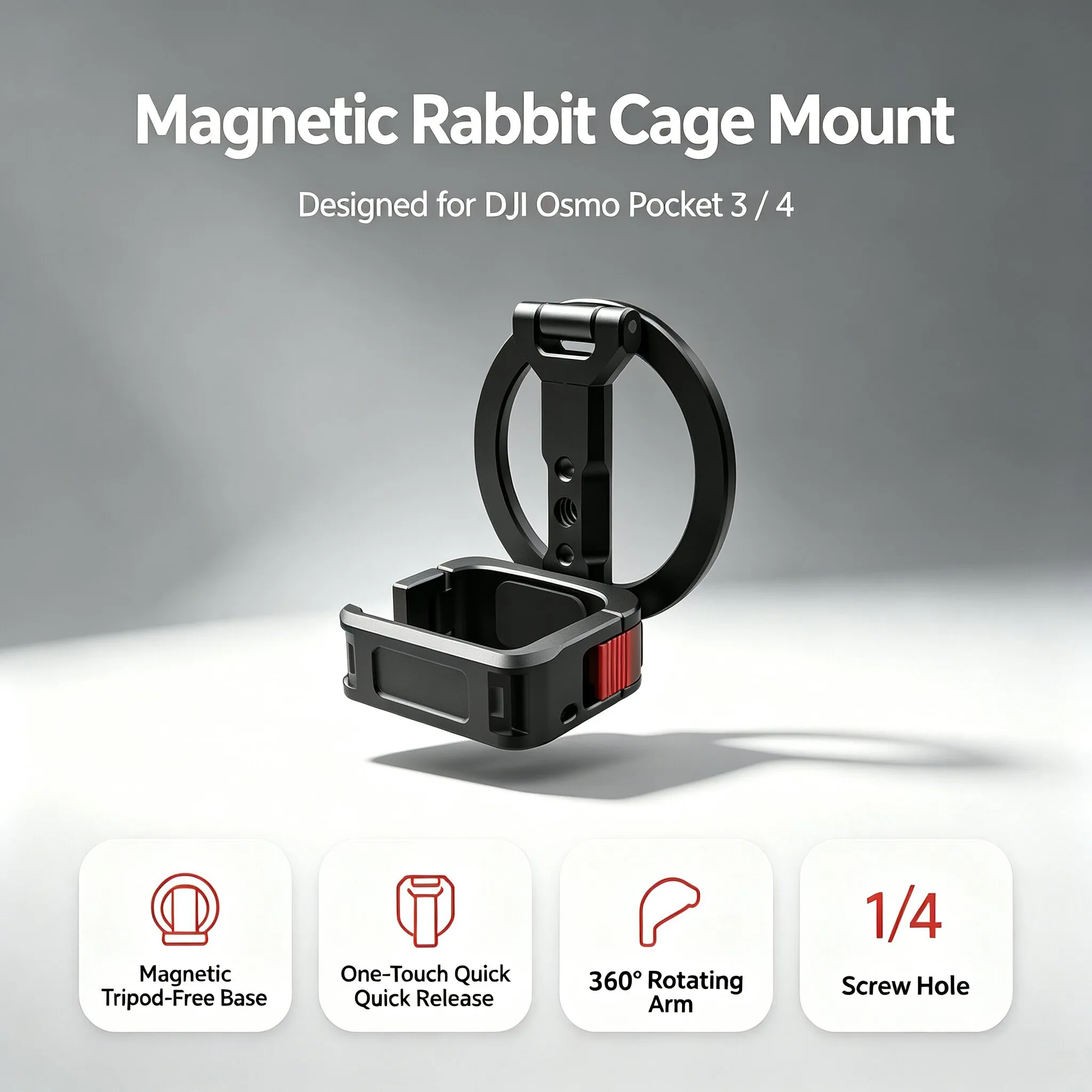 Flip-Up Magnetic Cage for DJI Osmo Pocket 3 / Pocket 4, Aluminum Alloy Quick Release Cage 360° Rotatable Arm and 1/4"-20 Mount